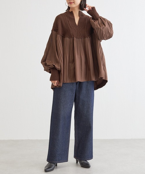 BONbazaar（ボンバザール）の「プリーツ切替チュニックニット（ニット/セーター・レディース・ブラック/ブラウン・FREE）」の6枚目の写真