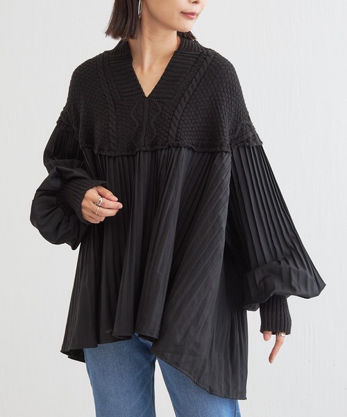 BONbazaar（ボンバザール）の「プリーツ切替チュニックニット（ニット/セーター・レディース・ブラック/ブラウン・FREE）」の13枚目の写真