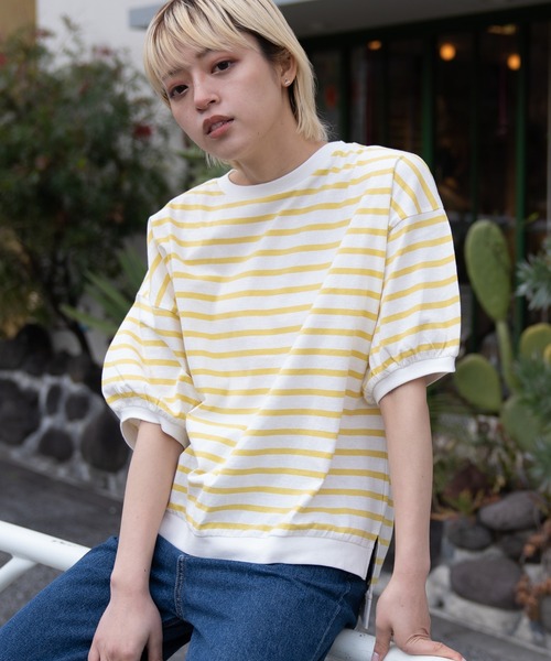 NAVY(ネイビー)の「リブ付き アソートTシャツ 無地 ボーダー(Tシャツ/カットソー・レディース・ピンク/ブルー/グレー/イエロー/ブラック・フリー)」の4枚目の写真