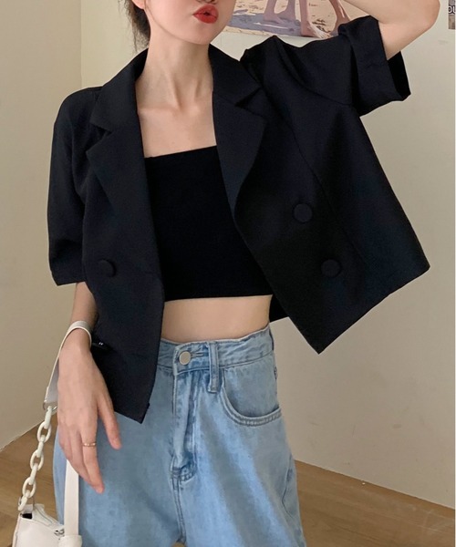 gossip!ロサンゼルス(ゴシップロサンゼルス)の「ショート丈半袖ジャケット(テーラードジャケット・レディース・ホワイト/ブラック/ブラウン・FREE)」の2枚目の写真