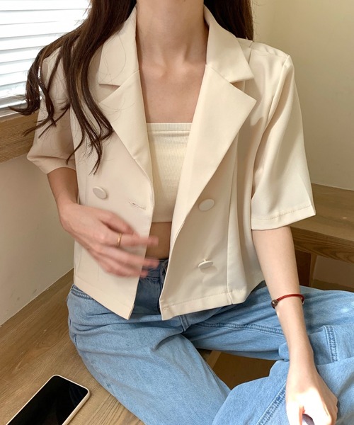 gossip!ロサンゼルス(ゴシップロサンゼルス)の「ショート丈半袖ジャケット(テーラードジャケット・レディース・ホワイト/ブラック/ブラウン・FREE)」の5枚目の写真