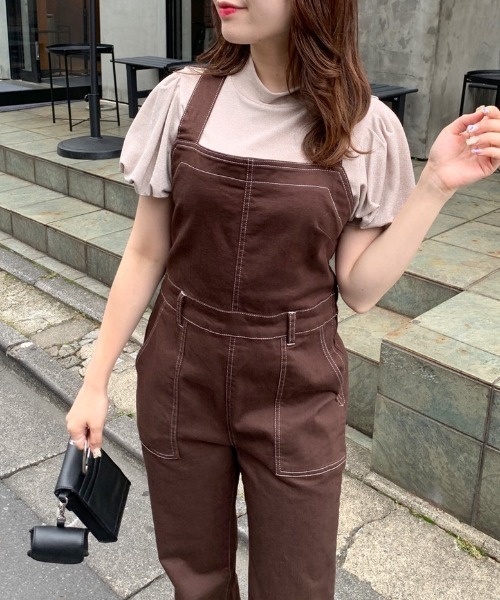 OLIVE des OLIVE（オリーブデオリーブ）の「配色ステッチサロペット（サロペット/オーバーオール・レディース・ブラック/ブラウン/ワンウォッシュ・FREE）」の12枚目の写真