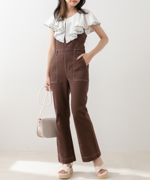 OLIVE des OLIVE（オリーブデオリーブ）の「配色ステッチサロペット（サロペット/オーバーオール・レディース・ブラック/ブラウン/ワンウォッシュ・FREE）」の8枚目の写真