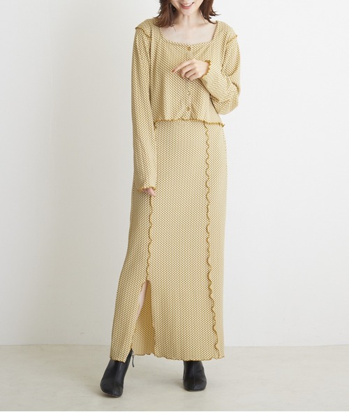 PAPAVER（パパヴェル）の「【papaver】フクレチェックメロー配色スリットスカート（スカート・レディース・ブラック/オレンジ/マスタード・MEDIUM）」の2枚目の写真