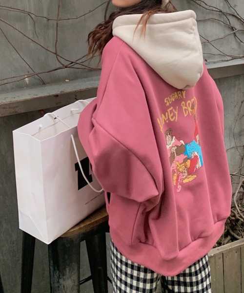 meJane（ミージェーン）の「HONEY BREADバックロゴフード配色プルパーカー（パーカー・レディース・チャコールグレー/ブルーグリーン/チェリーピンク・FREE）」の6枚目の写真