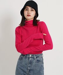 指穴あきアームウォーマー風ハイゲージタートルネックニット/アームカバー/ハイネック/カラーニット/ロングスリーブ