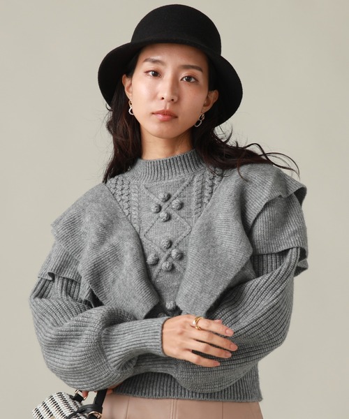 Cheek(チーク)の「ケーブルフリルニット(ニット/セーター・レディース・オフホワイト/グレー/モカ・MEDIUM)」の3枚目の写真