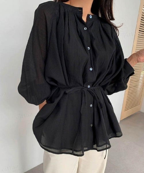 Dalfwin（ダールフィン）の「前後2WAYギャザー プリーツ シアーブラウス（シャツ/ブラウス・レディース・ブラック/アイボリー・FREE）」の2枚目の写真