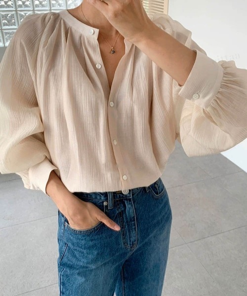 Dalfwin（ダールフィン）の「前後2WAYギャザー プリーツ シアーブラウス（シャツ/ブラウス・レディース・ブラック/アイボリー・FREE）」の4枚目の写真