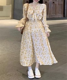 ボウタイネック花柄ワンピース