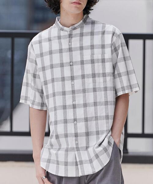 coen（コーエン）の「リネンミックスバンドカラーショートスリーブシャツ（シャツ/ブラウス・メンズ・ネイビー/ライム/オレンジ系その他/その他2/オフホワイト/その他1/ライトピンク/その他3・L/S/XL/M）」の8枚目の写真