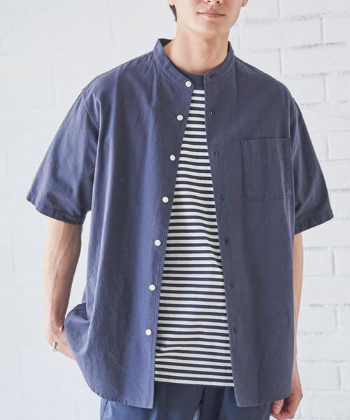 coen（コーエン）の「リネンミックスバンドカラーショートスリーブシャツ（シャツ/ブラウス・メンズ・ネイビー/ライム/オレンジ系その他/その他2/オフホワイト/その他1/ライトピンク/その他3・L/S/XL/M）」の3枚目の写真