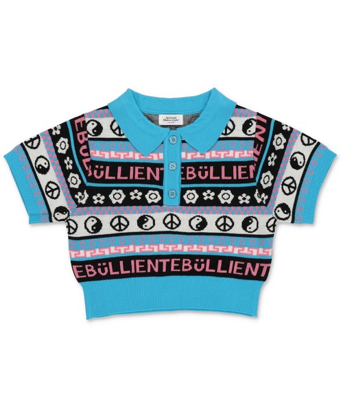 SPINNS(スピンズ)の「MIXモチーフ ショート丈 半袖ジャガードポロニット(ポロシャツ・レディース・ブラック/ホワイト×レッド/アイボリー/ブラック×ブルー・ONESIZE)」の1枚目の写真