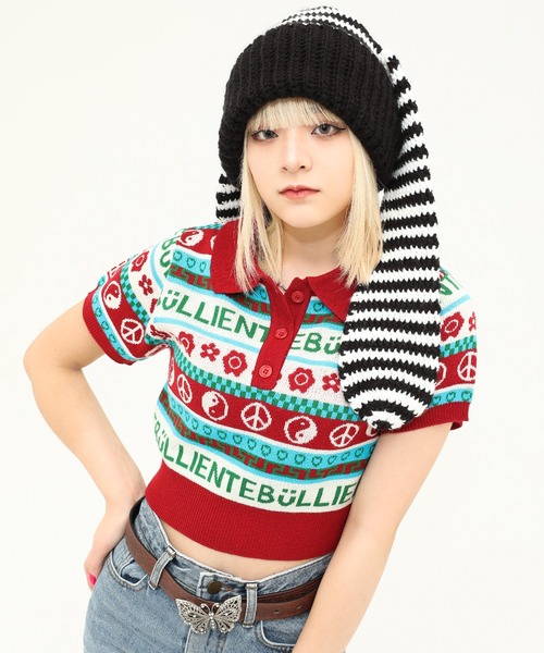 SPINNS(スピンズ)の「MIXモチーフ ショート丈 半袖ジャガードポロニット(ポロシャツ・レディース・ブラック/ホワイト×レッド/アイボリー/ブラック×ブルー・ONESIZE)」の12枚目の写真