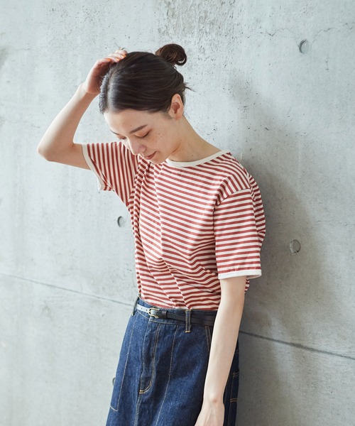 PAR ICI（パーリッシィ）の「ボーダー配色バインダー 半袖Tシャツ（Tシャツ/カットソー・レディース・オレンジ系その他/ブルー/ダークグリーン/グリーン/ネイビー/オレンジ/レッド・FREE）」の7枚目の写真