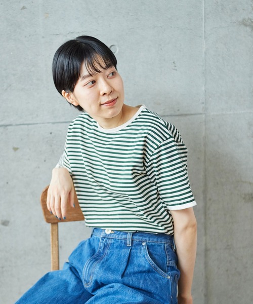 PAR ICI（パーリッシィ）の「ボーダー配色バインダー 半袖Tシャツ（Tシャツ/カットソー・レディース・オレンジ系その他/ブルー/ダークグリーン/グリーン/ネイビー/オレンジ/レッド・FREE）」の2枚目の写真