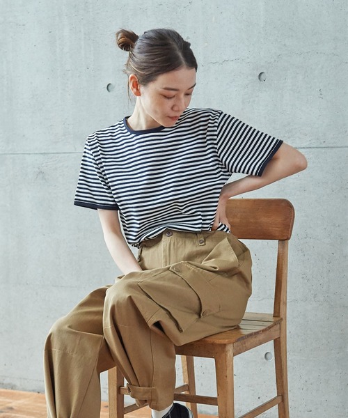 PAR ICI（パーリッシィ）の「ボーダー配色バインダー 半袖Tシャツ（Tシャツ/カットソー・レディース・オレンジ系その他/ブルー/ダークグリーン/グリーン/ネイビー/オレンジ/レッド・FREE）」の9枚目の写真