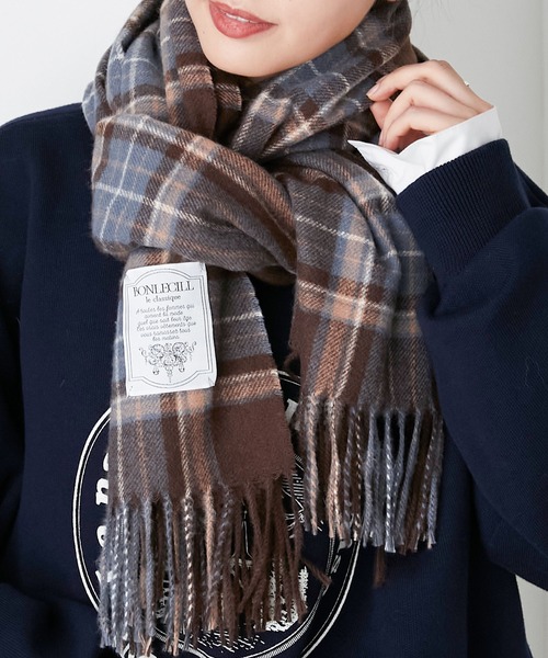 BONLECILL（ボンルシール）の「クラシックチェックボリュームマフラー/ストール（マフラー・レディース・グリーン/ブラウン/ベージュ/オレンジ・FREE）」の5枚目の写真