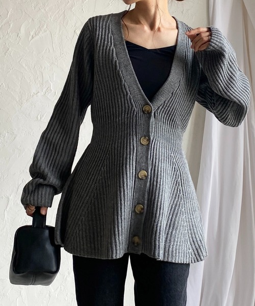 セール】ミックスカラーミドル丈深Vネックウエストシェイプペプラム