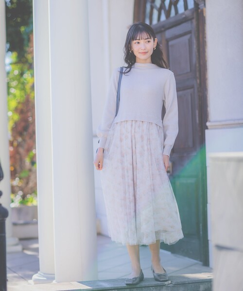 ITS'DEMO（イッツデモ）の「◆【レイヤード風コーデ／柔らかな着心地／タイパ◎／時短】チュールドッキングワンピ（ワンピース・レディース・ベージュ/ネイビー/オフホワイト/パープル・00）」の5枚目の写真