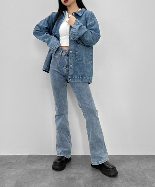 LVEU.(ラブユ.)の「【LVEU.】ストレッチフレアデニムパンツ / ボトムス パンツ デニム ダブルボタン ポケット タイト フレア ブーツカット 色落ち ヴィンテージ ブラック グレー インディゴ ブルー(デニムパンツ・レディース・ブラック/グレー/ブルー・FREE)」の8枚目の写真
