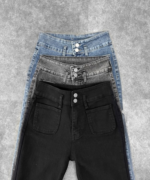 LVEU.(ラブユ.)の「【LVEU.】ストレッチフレアデニムパンツ / ボトムス パンツ デニム ダブルボタン ポケット タイト フレア ブーツカット 色落ち ヴィンテージ ブラック グレー インディゴ ブルー(デニムパンツ・レディース・ブラック/グレー/ブルー・FREE)」の22枚目の写真