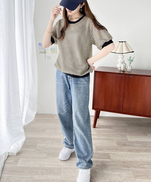 セール】上品エレガントカジュアル。かぎ針風ボーダートップス（T