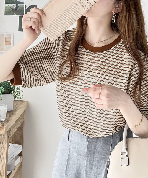 セール】上品エレガントカジュアル。かぎ針風ボーダートップス（T