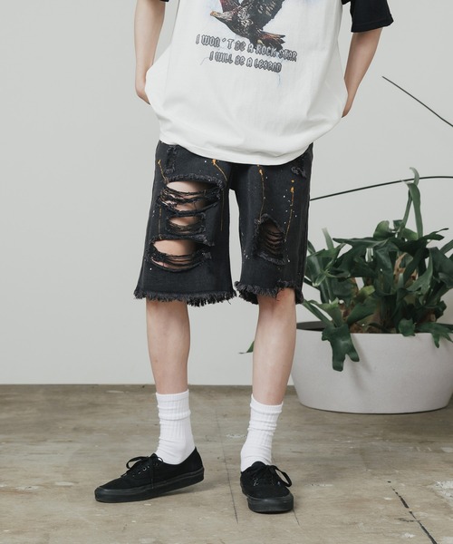 ALL RUNS（オールランズ）の「ダメージペイントデニムハーフパンツ（デニムパンツ・メンズ・ブルー/ブラック・M/L/XL）」の2枚目の写真