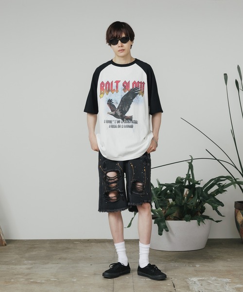 ALL RUNS（オールランズ）の「ダメージペイントデニムハーフパンツ（デニムパンツ・メンズ・ブルー/ブラック・M/L/XL）」の13枚目の写真