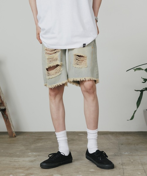 ALL RUNS（オールランズ）の「ダメージペイントデニムハーフパンツ（デニムパンツ・メンズ・ブルー/ブラック・M/L/XL）」の20枚目の写真