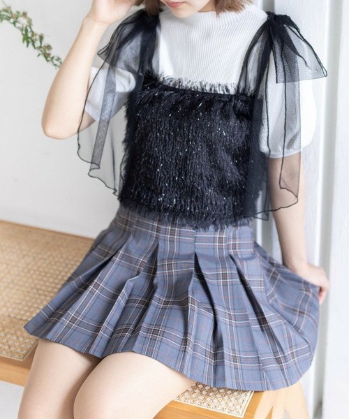 clear（クリア）の「肩チュールリボンフリンジビスチェ（ベスト・レディース・ピンク/グレー/ブラック/ライトベージュ・F）」の2枚目の写真