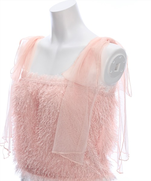 clear（クリア）の「肩チュールリボンフリンジビスチェ（ベスト・レディース・ピンク/グレー/ブラック/ライトベージュ・F）」の6枚目の写真