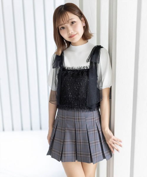 clear（クリア）の「肩チュールリボンフリンジビスチェ（ベスト・レディース・ピンク/グレー/ブラック/ライトベージュ・F）」の14枚目の写真