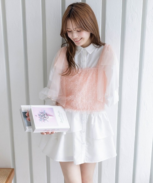 clear（クリア）の「肩チュールリボンフリンジビスチェ（ベスト・レディース・ピンク/グレー/ブラック/ライトベージュ・F）」の16枚目の写真