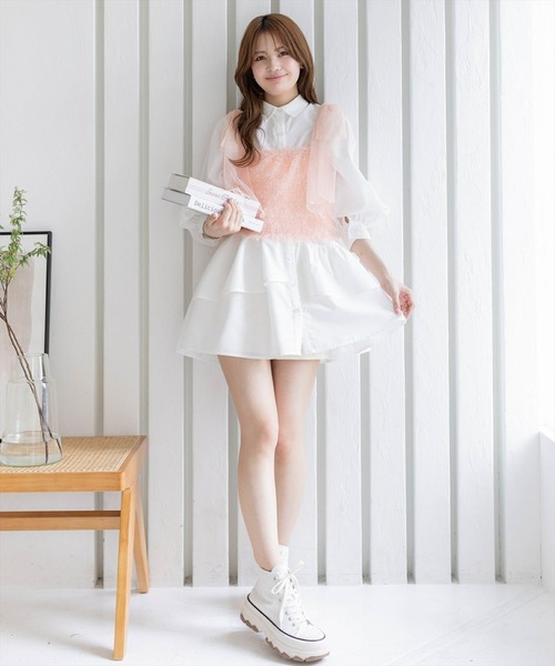 clear（クリア）の「肩チュールリボンフリンジビスチェ（ベスト・レディース・ピンク/グレー/ブラック/ライトベージュ・F）」の17枚目の写真