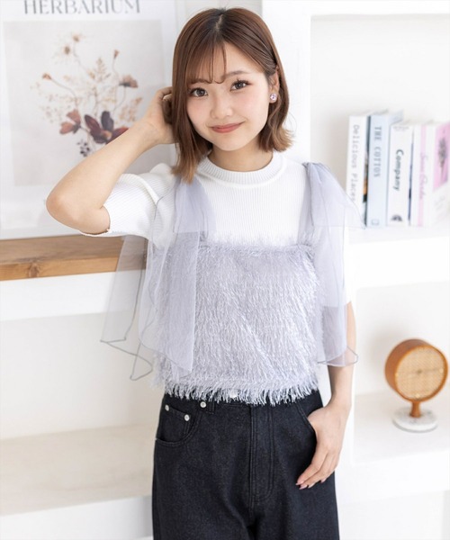 clear（クリア）の「肩チュールリボンフリンジビスチェ（ベスト・レディース・ピンク/グレー/ブラック/ライトベージュ・F）」の18枚目の写真