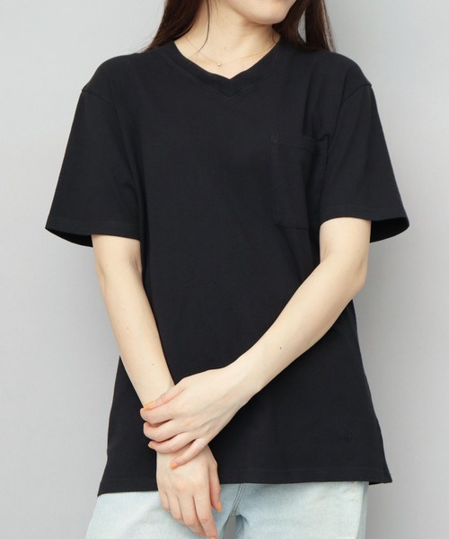 【さりげない個性】D&G パッチ コットン Vネック Tシャツ セール】7.6オンス USAコットン ポケット付き Vネック 半袖 T