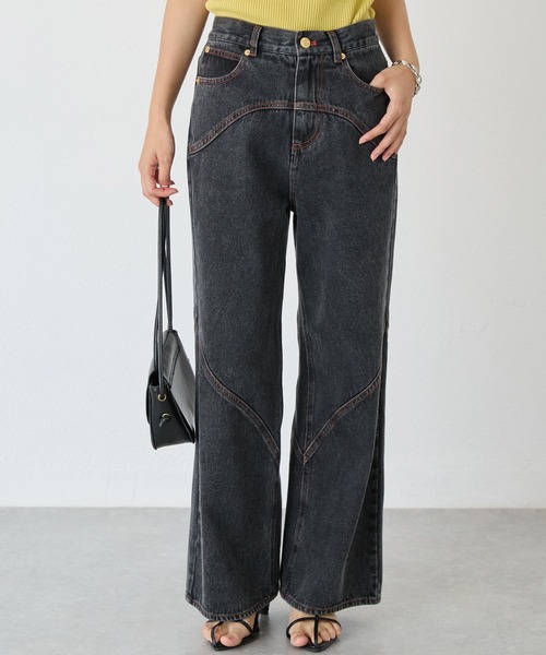 LAVEANGE（ラビアンジェ）の「ステッチ配色切替デニムパンツ（デニムパンツ・レディース・ネイビー/ブラック・M/LL/5L/4L/3L）」の4枚目の写真