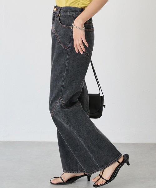 LAVEANGE（ラビアンジェ）の「ステッチ配色切替デニムパンツ（デニムパンツ・レディース・ネイビー/ブラック・M/LL/5L/4L/3L）」の5枚目の写真