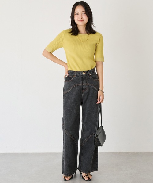 LAVEANGE（ラビアンジェ）の「ステッチ配色切替デニムパンツ（デニムパンツ・レディース・ネイビー/ブラック・M/LL/5L/4L/3L）」の7枚目の写真