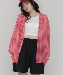 チェック柄シアールーズシャツ / シアー チェック シャツ 長袖 オーバーサイズ ルーズシルエット 韓国 ノームコア カジュアル ホワイト ネイビー パープル ピンク レッド 春服 秋服 夏服 羽織り 冷房対策 日焼け対策