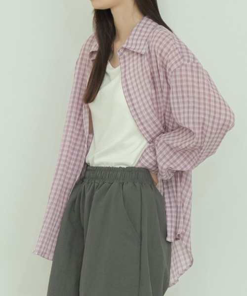 ブラウス シャツ チェック柄シアールーズシャツ / シアー チェック シャツ 長袖 オーバーサイズ ルーズシルエット 韓国 ノームコア カジュアル ホ チェック柄シアールーズシャツ / チェックシャツ 長袖 オーバー