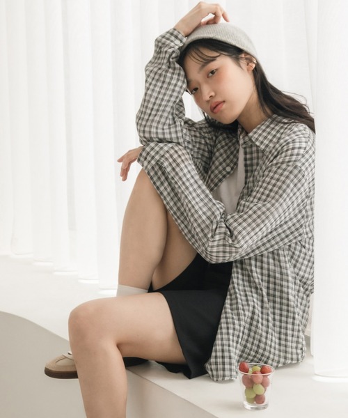 ブラウス シャツ チェック柄シアールーズシャツ / シアー チェック シャツ 長袖 オーバーサイズ ルーズシルエット 韓国 ノームコア カジュアル ホ チェック柄シアールーズシャツ / シアー チェック シャツ 長袖