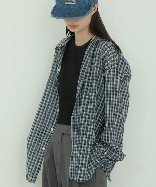 チェック柄シアールーズシャツ / チェックシャツ 長袖 オーバーサイズシャツ 韓国コーデ ノームコア（シャツ/ブラウス）｜HEILIS（ヘイリス）