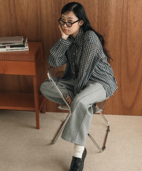 チェック柄シアールーズシャツ / チェックシャツ 長袖 オーバーサイズシャツ 韓国コーデ ノームコア（シャツ/ブラウス）｜HEILIS（ヘイリス）