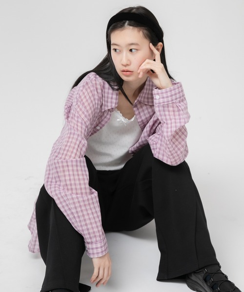 HEILIS(ヘイリス)の「チェック柄シアールーズシャツ / シアー チェック シャツ 長袖 オーバーサイズ ルーズシルエット 韓国 ノームコア カジュアル ホワイト ネイビー パープル ピンク レッド 春服 秋服 夏服 羽織り 冷房対策 日焼け対策(シャツ/ブラウス・レディース・パープル/ネイビー/ホワイト/レッド・FREE)」の20枚目の写真