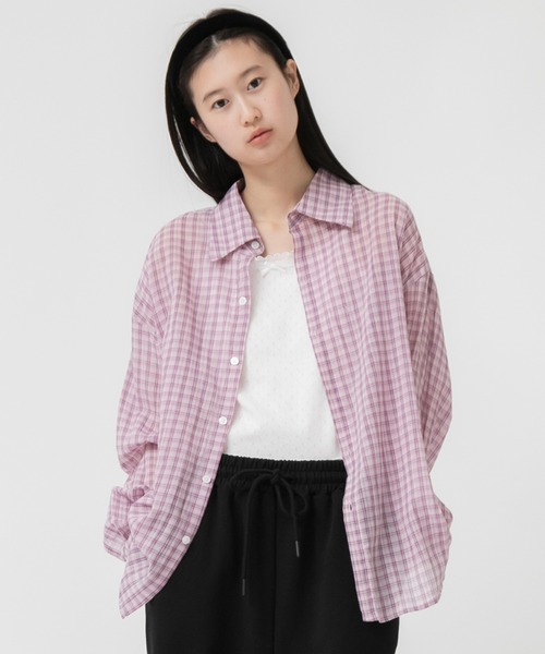 HEILIS(ヘイリス)の「チェック柄シアールーズシャツ / シアー チェック シャツ 長袖 オーバーサイズ ルーズシルエット 韓国 ノームコア カジュアル ホワイト ネイビー パープル ピンク レッド 春服 秋服 夏服 羽織り 冷房対策 日焼け対策(シャツ/ブラウス・レディース・パープル/ネイビー/ホワイト/レッド・FREE)」の19枚目の写真