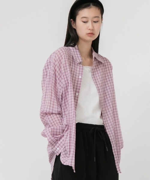 ブラウス シャツ チェック柄シアールーズシャツ / シアー チェック シャツ 長袖 オーバーサイズ ルーズシルエット 韓国 ノームコア カジュアル ホ チェック柄シアールーズシャツ / シアー チェック シャツ 長袖