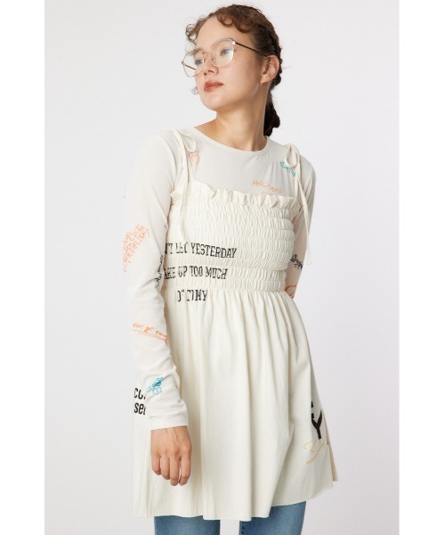 RODEO CROWNS WIDE BOWL（ロデオクラウンズワイドボウル）の「ランダムテキストシャーリングキャミチュニック（チュニック・レディース・ブラック/ダークグリーン/アイボリー・FREE）」の2枚目の写真